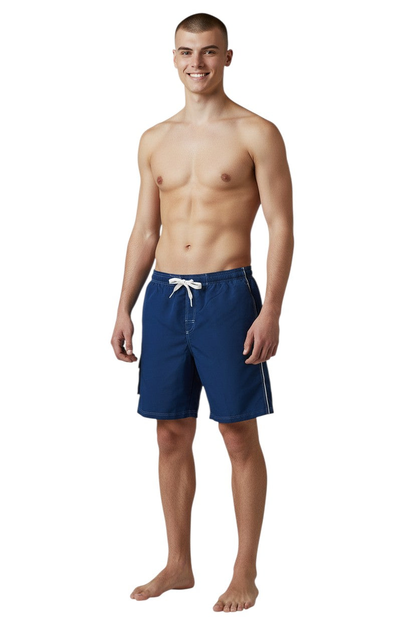 The Lifeguard Store navy blue polyester spandex boardshorts with white contrast stitching, drawstring waist, and side pocket.
