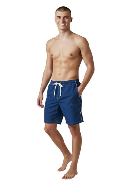 The Lifeguard Store navy blue polyester spandex boardshorts with white contrast stitching, drawstring waist, and side pocket.