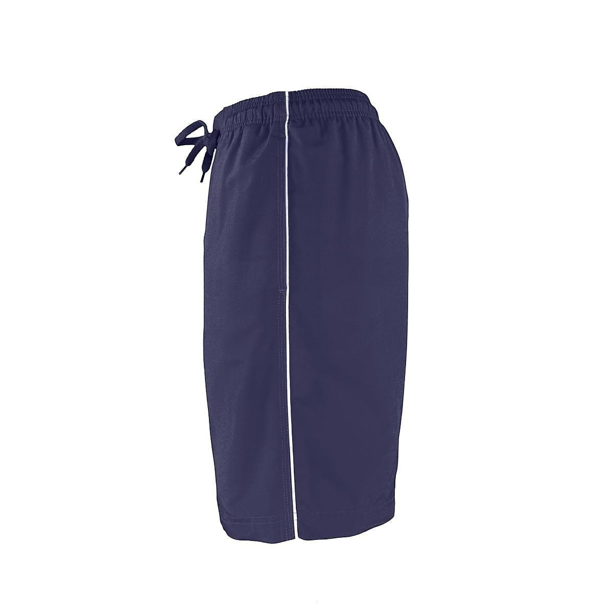 The Lifeguard Store Men's navy blue polyester board shorts with white piping and drawstring waist. 7" inseam.