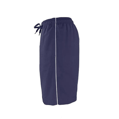 The Lifeguard Store Men's navy blue polyester board shorts with white piping and drawstring waist. 7" inseam.