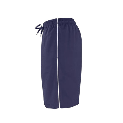 The Lifeguard Store Men's navy blue polyester board shorts with white piping and drawstring waist. 7" inseam.