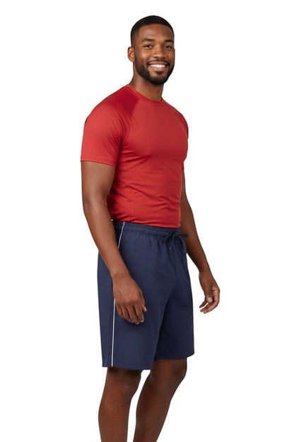 The Lifeguard Store navy blue polyester-spandex board shorts with white trim and drawstring waist.