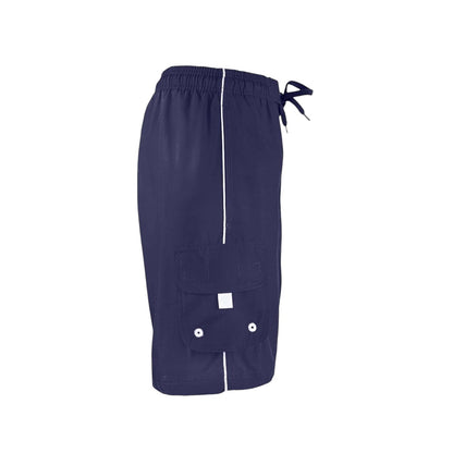 The Lifeguard Store Men's navy blue polyester board shorts with white trim, cargo pocket, and drawstring.