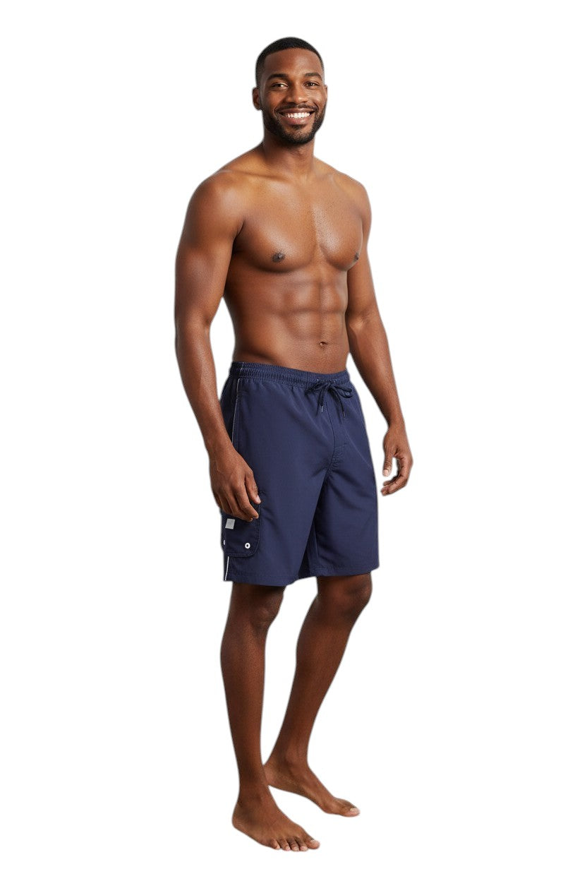The Lifeguard Store navy blue polyester board shorts with white trim, drawstring, and cargo pocket.