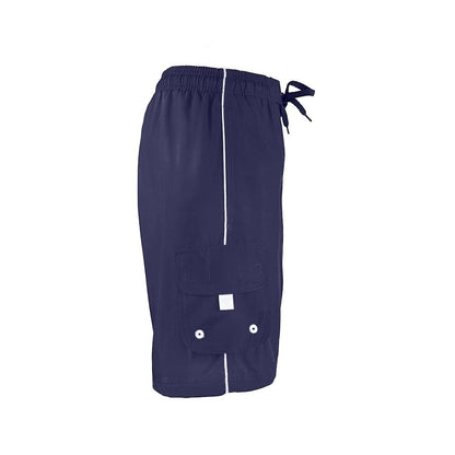 The Lifeguard Store Men's navy blue polyester board shorts with white trim, cargo pocket, and drawstring.