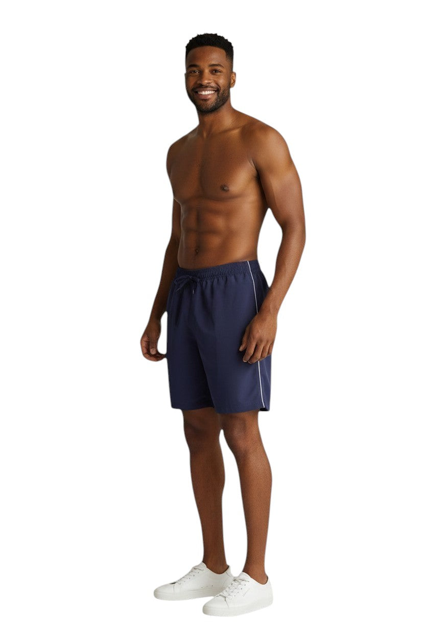 The Lifeguard Store navy blue polyester board shorts with white side stripe and drawstring. UPF30+.