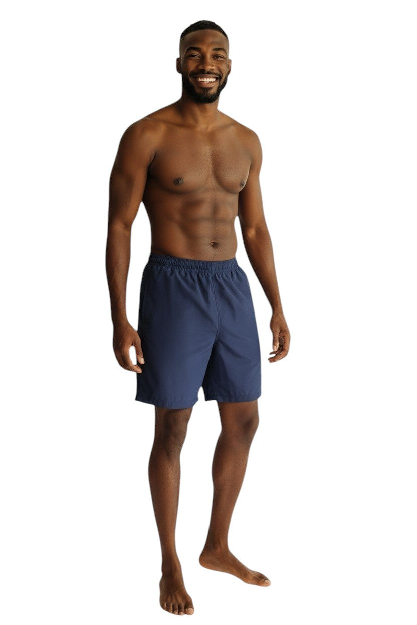 The Lifeguard Store navy blue polyester board shorts with elastic waistband and drawstring. Features quick-dry fabric and UPF30+ protection.