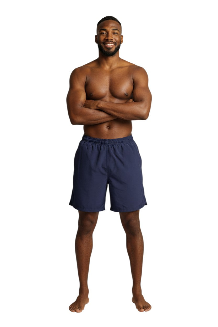 The Lifeguard Store navy blue polyester board shorts with liner, elastic waistband, and cargo pocket.