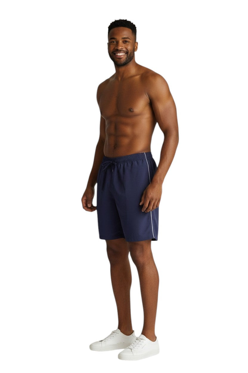 The Lifeguard Store navy blue polyester board shorts with white side stripe and drawstring. UPF30+.