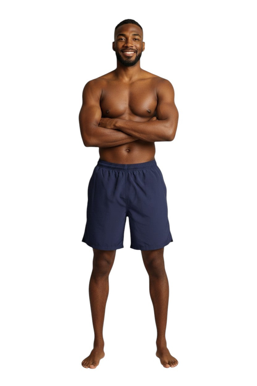 The Lifeguard Store navy blue polyester board shorts with liner, elastic waistband, and cargo pocket.