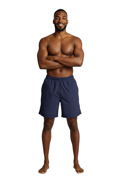 The Lifeguard Store navy blue polyester board shorts with liner, elastic waistband, and cargo pocket.