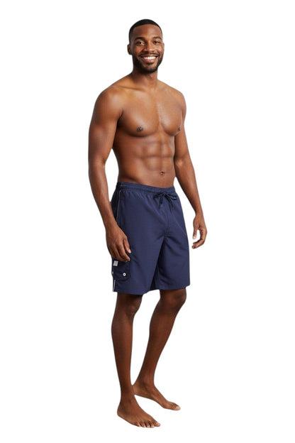 The Lifeguard Store navy blue polyester board shorts with white trim, drawstring, and cargo pocket.