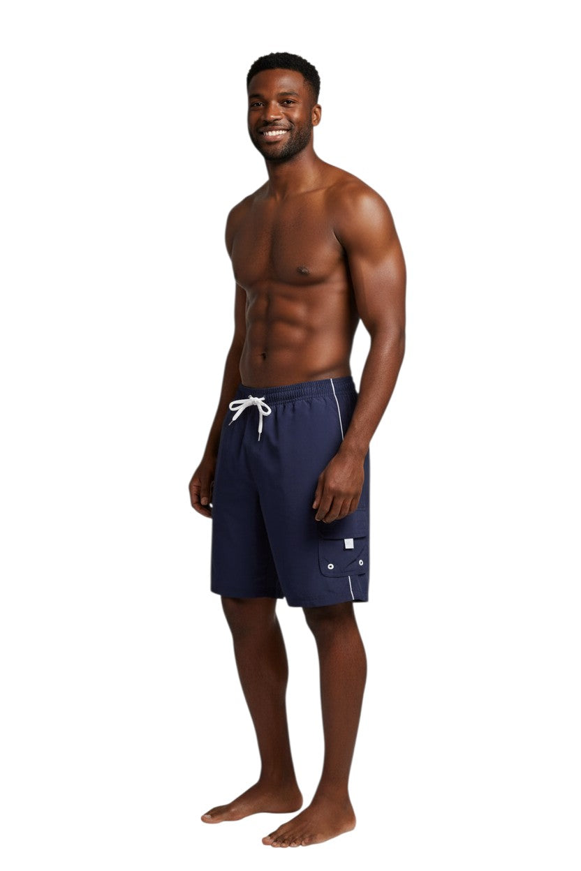 The Lifeguard Store navy blue polyester board shorts with white trim, drawstring waist, and cargo pocket.