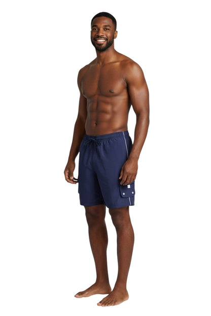 The Lifeguard Store navy blue sanded polyester board shorts with white trim and cargo pocket. Elastic waistband with drawstring.