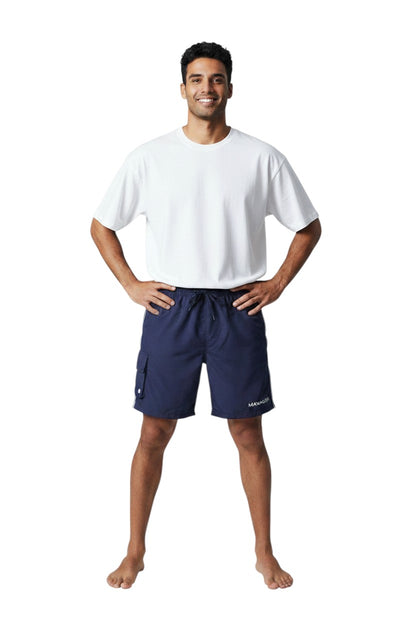 The Lifeguard Store navy blue polyester board shorts with white side stripes and cargo pocket. Elastic waistband with drawstring.