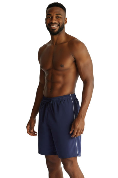 The Lifeguard Store navy blue polyester board shorts with white piping and drawstring. Features quick-dry fabric and UPF30+ protection.