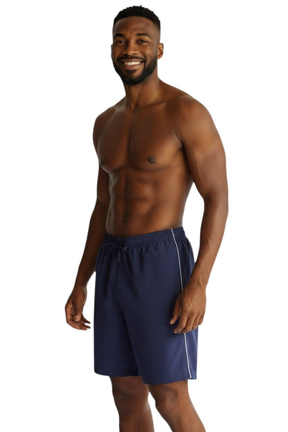 The Lifeguard Store navy blue polyester board shorts with white piping and drawstring. Features quick-dry fabric and UPF30+ protection.