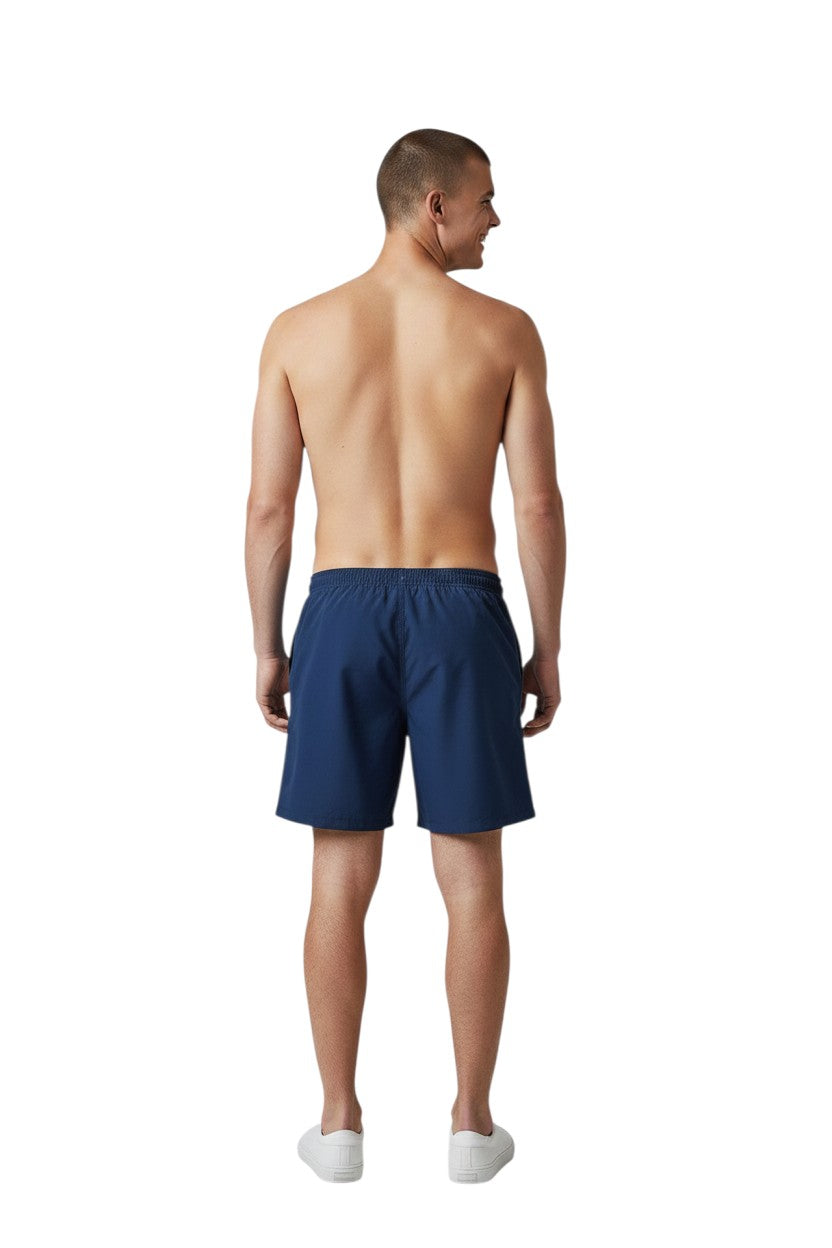 The Lifeguard Store navy blue polyester spandex boardshorts with contrast stitching and drawstring waist.