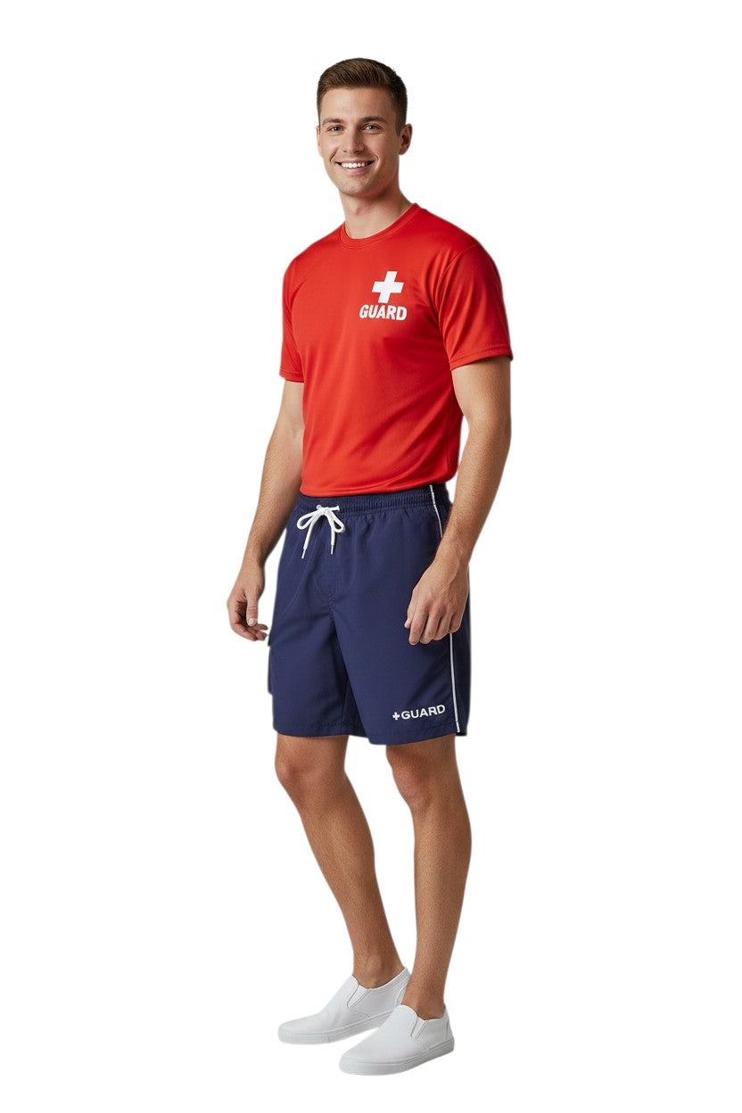 The Lifeguard Store navy blue polyester cargo board shorts with drawstring waist and GUARD logo.
