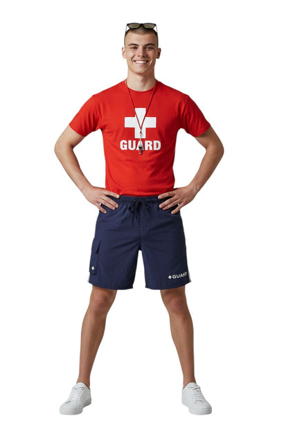 The Lifeguard Store navy blue polyester cargo board shorts with drawstring and GUARD logo