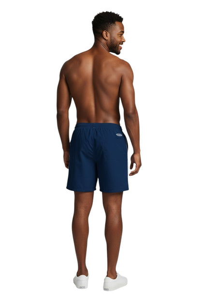 The Lifeguard Store navy blue polyester-spandex boardshorts with white drawstring, contrast piping, and GUARD logo.
