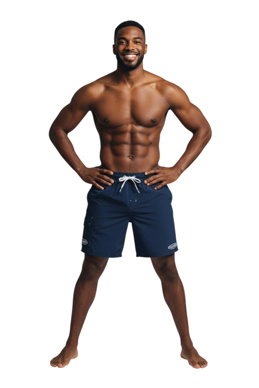 The Lifeguard Store navy blue polyester-spandex boardshorts with white drawstring, contrast stitching, and GUARD logo.