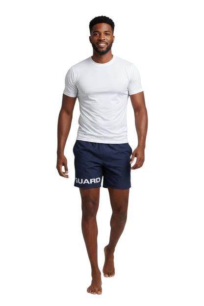 The Lifeguard Store navy blue 4-way stretch polyester lifeguard deck shorts with white GUARD text.