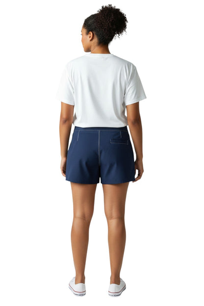 The Lifeguard Store navy blue polyester-spandex Guard Flex shorts with white contrast stitching and Guard logo.