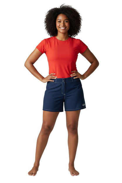 The Lifeguard Store navy blue polyester-spandex Guard Flex shorts with white contrast stitching and Guard logo.