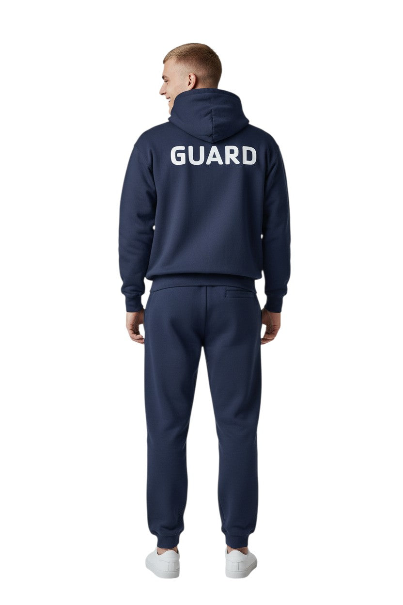 The Lifeguard Store navy blue cotton-polyester blend hooded sweatshirt with "GUARD" printed in white on the back.