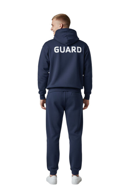 The Lifeguard Store navy blue cotton-polyester blend hooded sweatshirt with "GUARD" printed in white on the back.