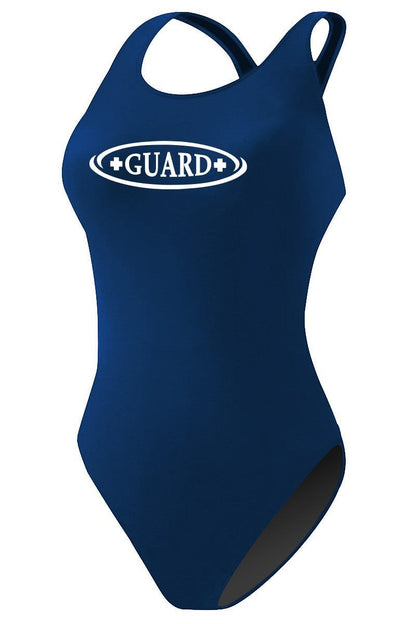 The Lifeguard Store RISE Guard MB Back one-piece swimsuit in navy blue polyester-spandex with built-in shelf bra and white GUARD+ logo.