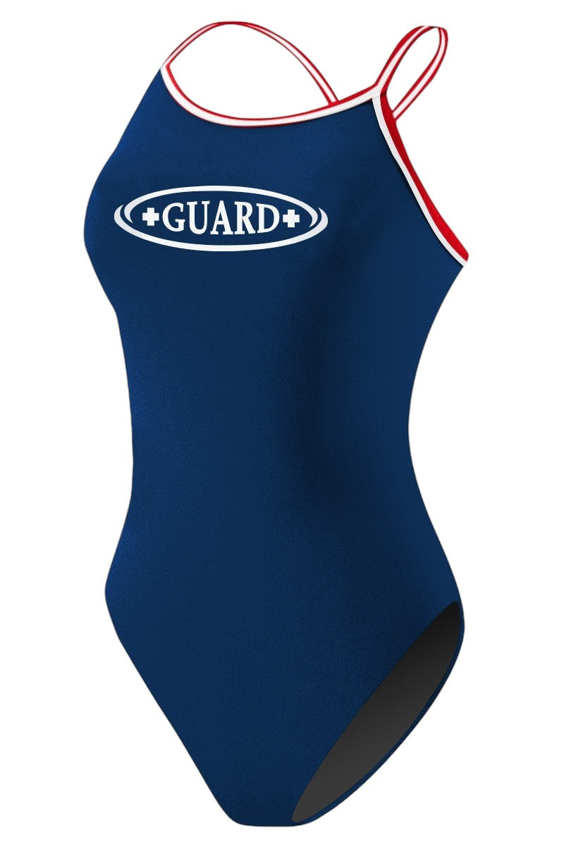 The Lifeguard Store navy blue one-piece swimsuit with white GUARD logo and red & white trim on straps.