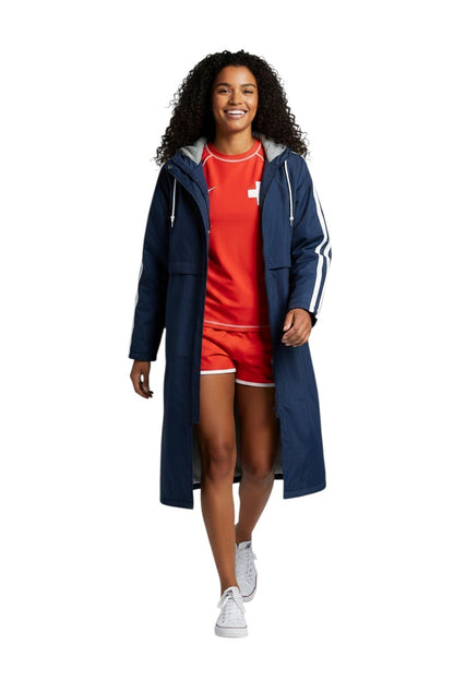 The Lifeguard Store navy blue nylon parka with fleece lining and white stripe accents on sleeves. Features hood and logo.