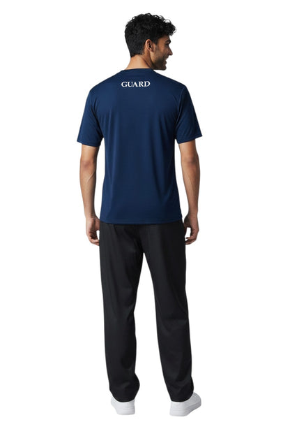 The Lifeguard Store navy blue short sleeve crew neck rashguard with GUARD text on back. Polyester-spandex blend.
