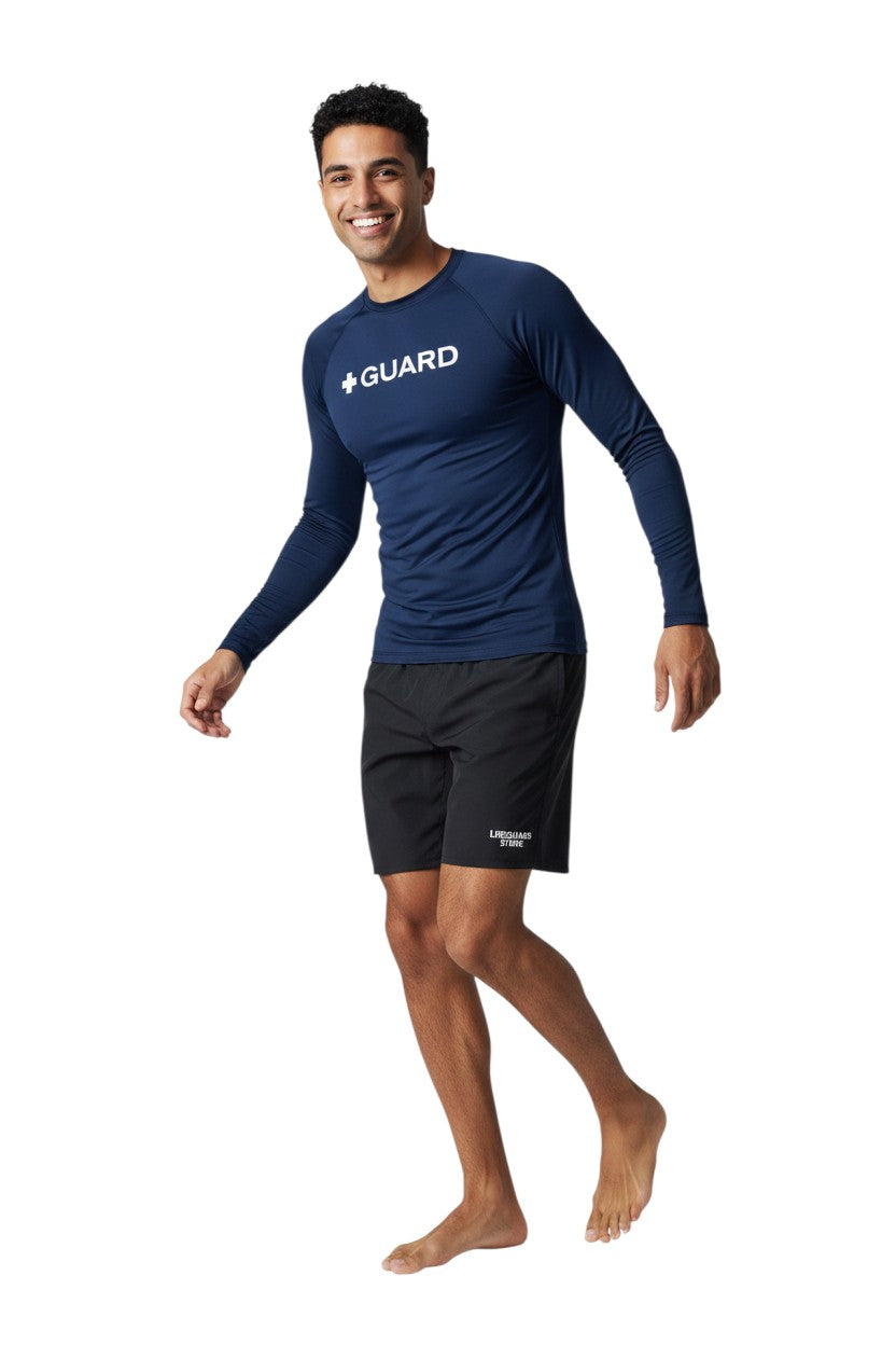 The Lifeguard Store navy blue long sleeve crewneck rashguard with "+ GUARD" graphic on chest. Made of poly-spandex blend.