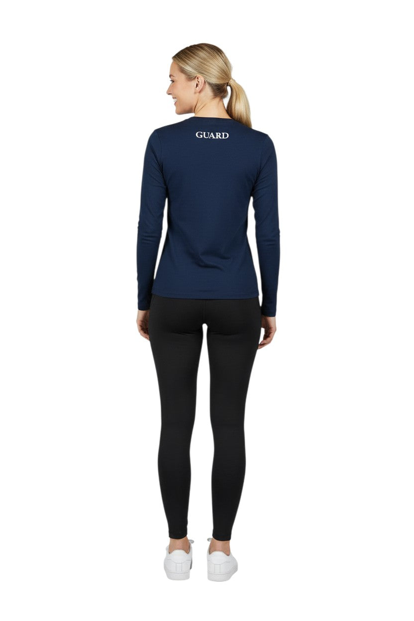 The Lifeguard Store navy blue long sleeve crew neck rashguard with "GUARD" text on back. Made of poly-spandex blend with UPF50+ protection.