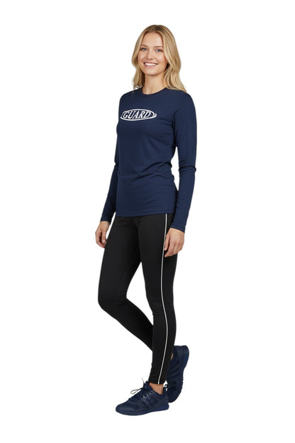 The Lifeguard Store navy blue long sleeve rashguard with white GUARD logo on chest. Made of poly-spandex blend with UPF50+ protection.