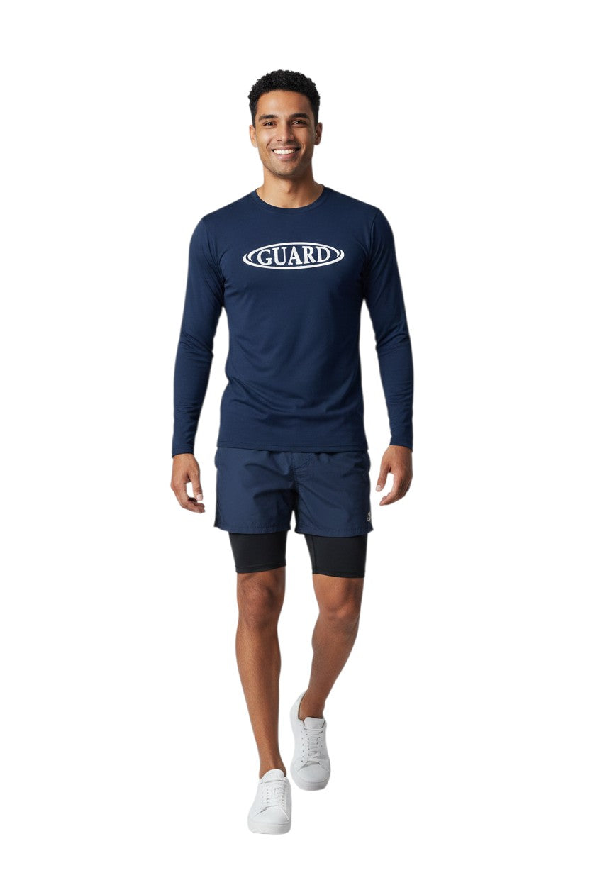 The Lifeguard Store navy blue long sleeve rashguard with white GUARD logo on chest. Made of poly-spandex blend with UPF50+ protection.
