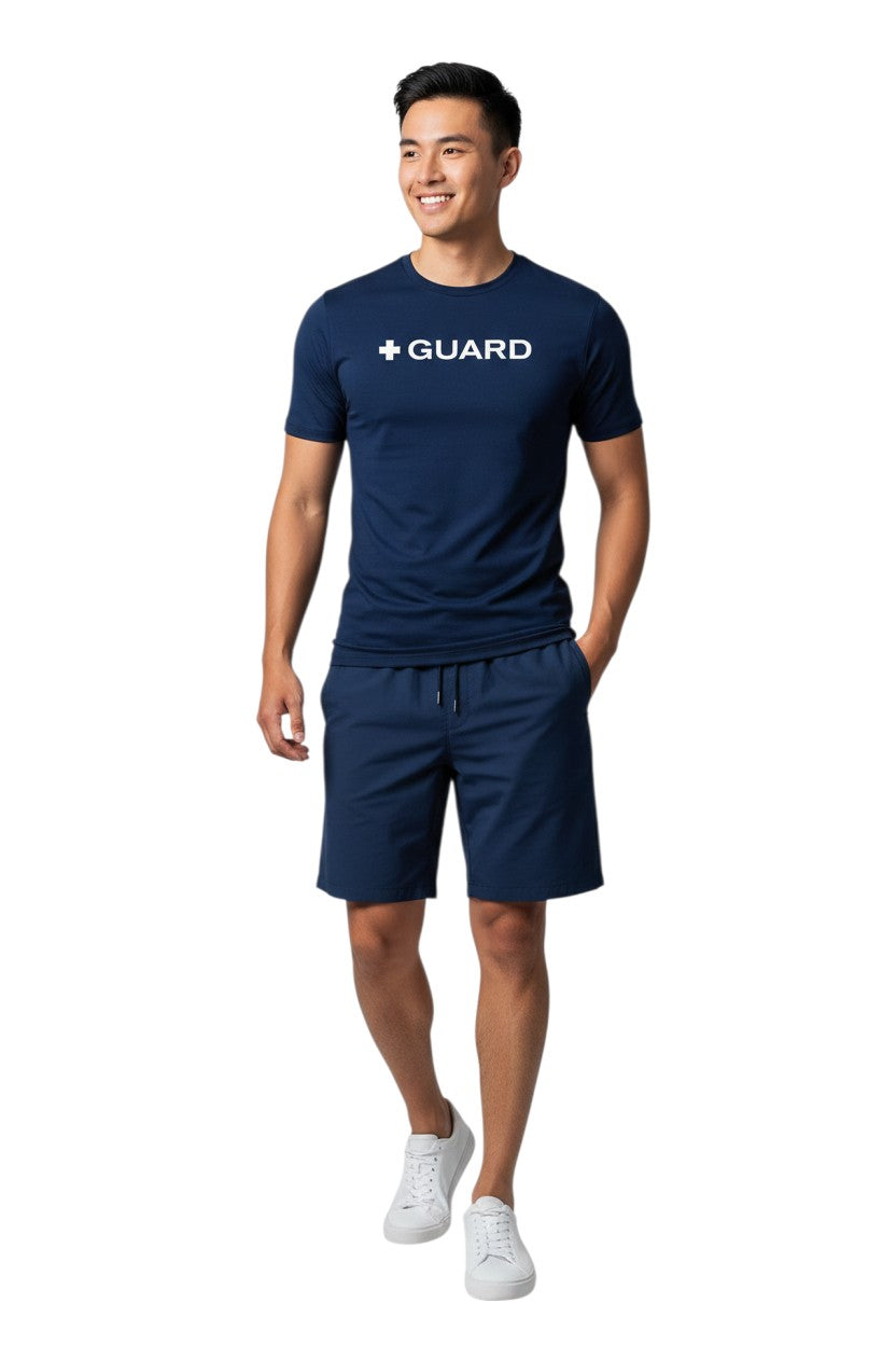 The Lifeguard Store Kiefer Guard short sleeve crewneck rashguard in navy blue polyester-spandex blend with UPF50+ protection.