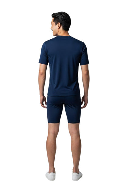 The Lifeguard Store navy blue short sleeve rashguard with "GUARD" graphic on back. Poly stretch fabric.