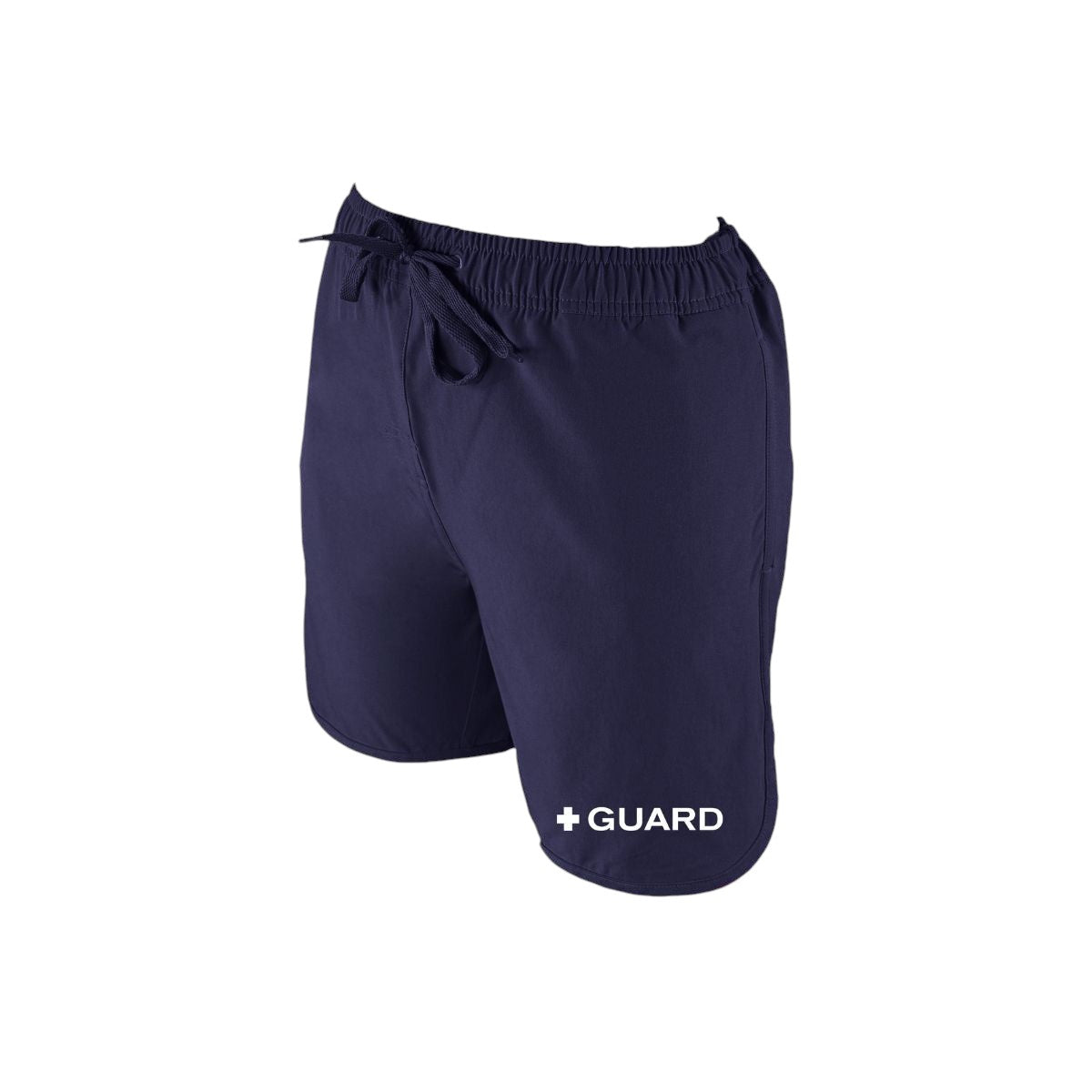 The Lifeguard Store navy blue polyester 5" inseam guard shorts with liner and drawstring waist.