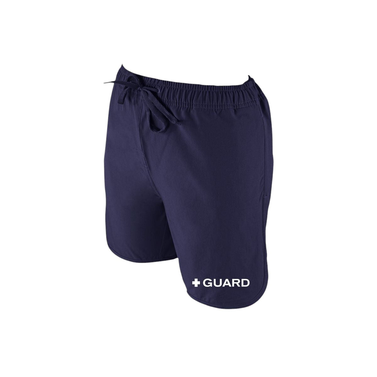 The Lifeguard Store navy blue polyester 5" inseam guard shorts with liner and drawstring waist.