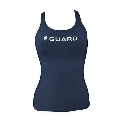 The Lifeguard Store navy blue racer back tankini top with white "+ GUARD" graphic. Made of poly-spandex.