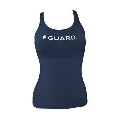 The Lifeguard Store navy blue racer back tankini top with white "+ GUARD" graphic. Made of poly-spandex.