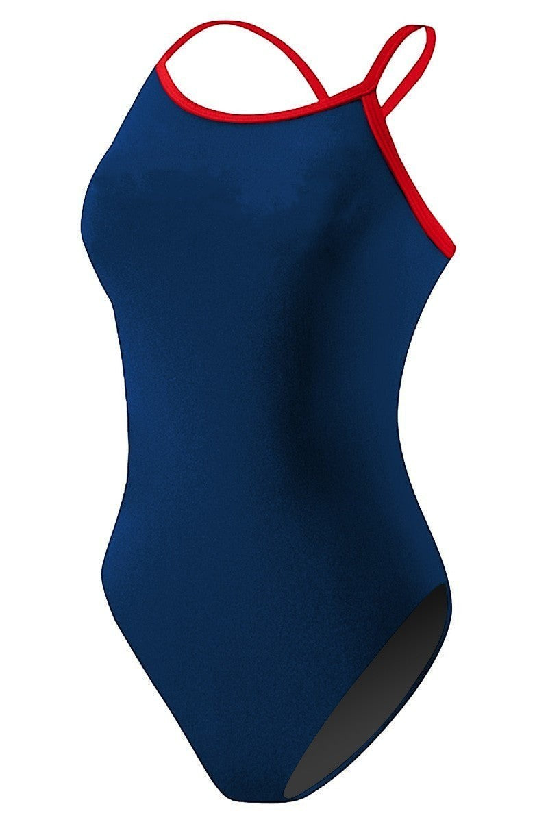 The Lifeguard Store navy blue one-piece swimsuit with red trim and H-back straps, made of polyester and spandex blend.