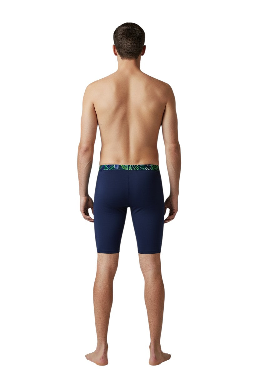 The Lifeguard Store navy blue jammer swimsuit with Helix design waistband, made of Polyester/Spandex blend.