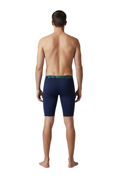 The Lifeguard Store navy blue jammer swimsuit with Helix design waistband, made of Polyester/Spandex blend.