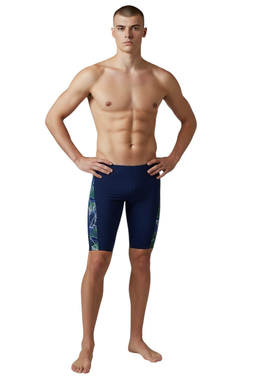 The Lifeguard Store navy blue jammer swimsuit with a green and blue helix design on the side. Made of polyester/spandex blend.