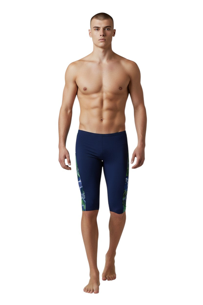 The Lifeguard Store navy blue jammer swimsuit with a green and blue helix design on the side. Made of polyester/spandex blend.